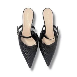 CHRISTIAN DIOR Lambskin Woven Teddy D Mule Sandals Black Kitten Heels Size 41